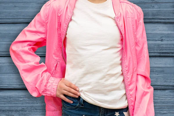 Mockup White Cotton Shirt Teenage Girl White Shirt Pink Jacket — Foto de Stock