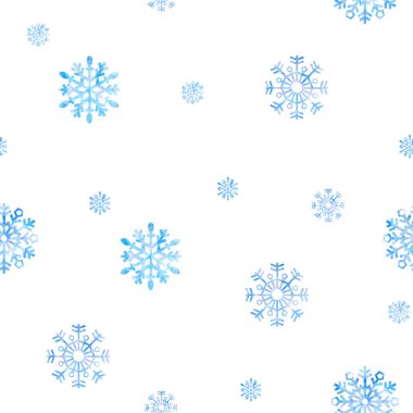 Suluboya kar taneleriyle kusursuz bir kış geçmişi var. Noel arkaplanları, ambalaj kağıtları, ambalaj kağıtları, tebrik kartları, baskılar, kapaklar, kumaş, tekstil ve daha fazlası için