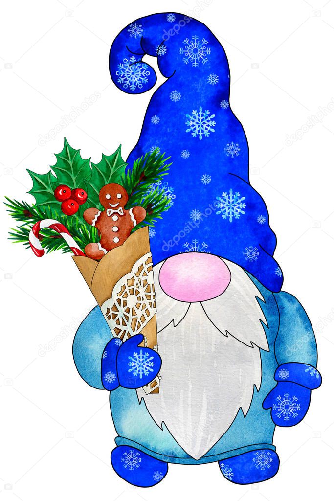 Christmas gnome with gift bouquet. Cute gnome for the celebration of Christmas. Hand drawn watercolor illustration isolated on white background. Design for cards, invitations and more