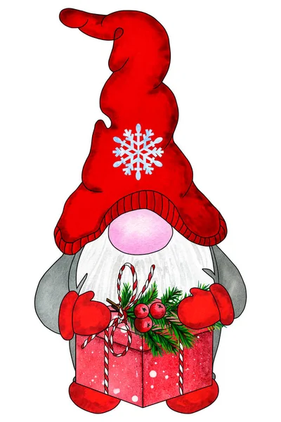 Karácsonyi Törpe Piros Ajándékdobozzal Aranyos Törpe Karácsony Ünneplésére Kézzel Rajzolt — Stock Fotó