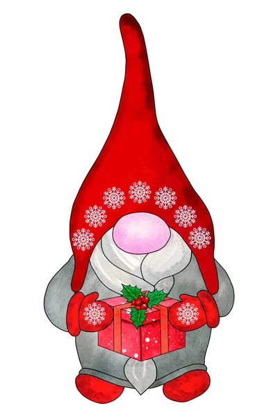 Gnomo Navidad Con Caja Regalo Roja Lindo Gnomo Para Celebración — Foto de Stock