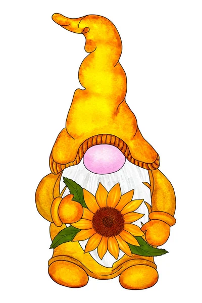 Fabuloso Gnomo Escandinavo Otoño Con Girasol Ilustración Acuarela Dibujada Mano — Foto de Stock