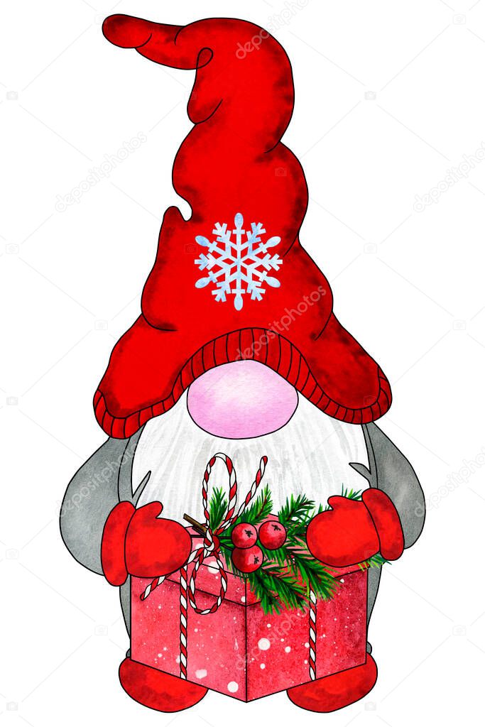 Christmas gnome with red gift box. Cute gnome for the celebration of Christmas. Hand drawn watercolor illustration isolated on white background. Design for cards, invitations and more