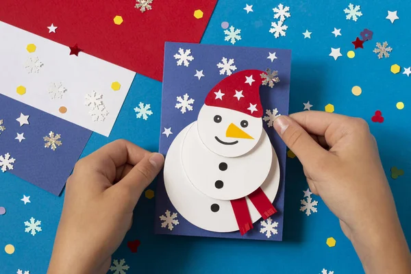 Making Christmas Card Voluminous Snowman Original Project Children Diy Concept — Stock Photo, Image