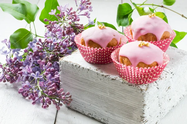 Cupcakes with pink icing and lilac branch — Stock Photo, Image