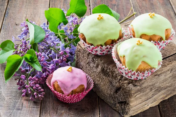 Colorful glazed cupcakes and the branch lilac — Stock Photo, Image