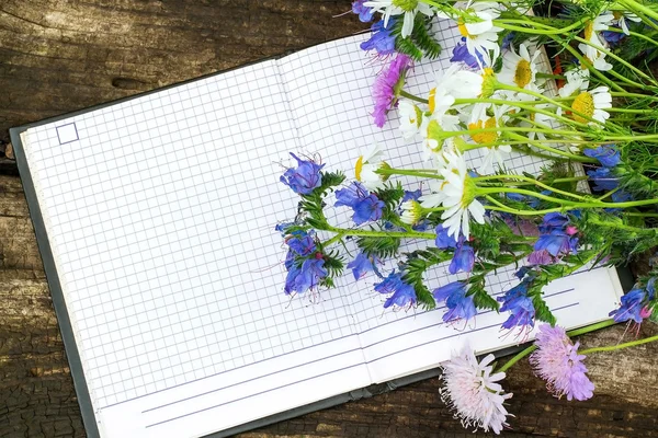 Beautiful wild flowers and a notebook for recording — Stock Photo, Image