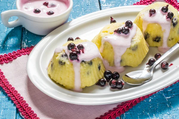 Delicado budín de cuajada con salsa de yogur y grosellas — Foto de Stock