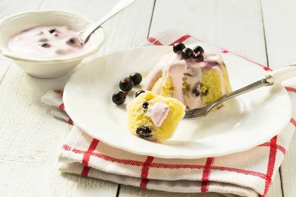Свежий сладкий пудинг из творога с йогуртовым соусом и смородиной — стоковое фото