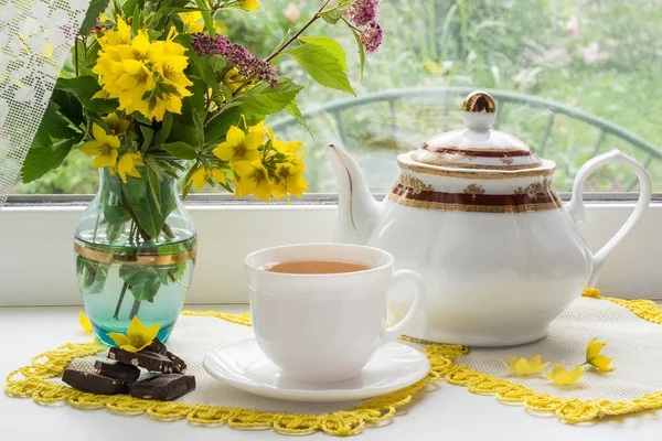 Tea drinking in the morning near the window — Stock Fotó