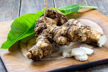 Roots and leaves of horseradish on the old cutting board 