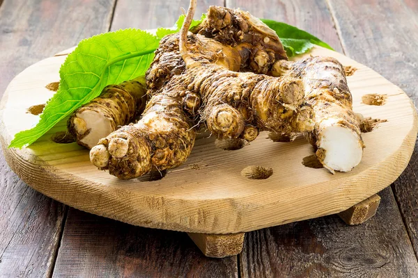 Roots and leaves of horseradish - a plant with a sharp taste — Stock Photo, Image