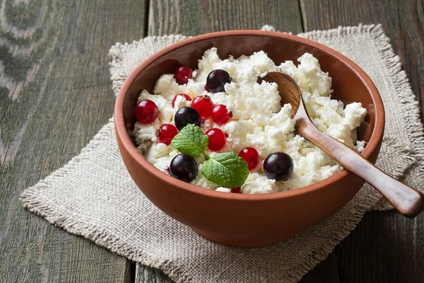 Cottage cheese with red and black currants — Stockfoto