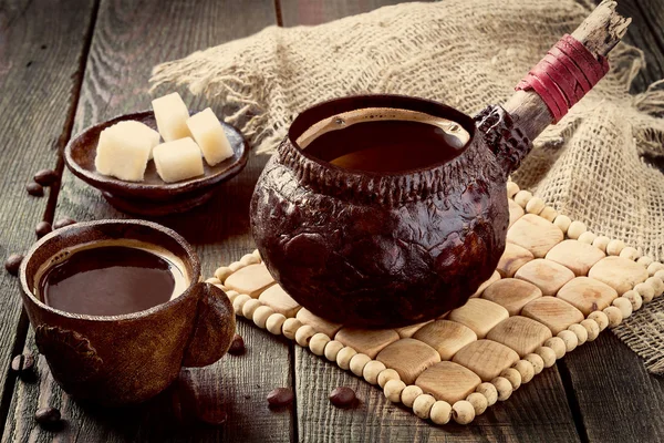 Coffee in clay crockery, vintage style — Stock Fotó