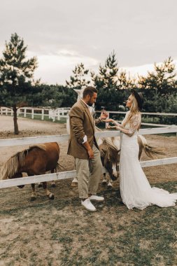 Güzel bir düğün çifti. Çiftlikte bohem düğünü. Sihirli gün batımı
