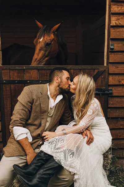 Beautiful wedding couple.  Bohemian wedding  at the ranch. Magic sunset