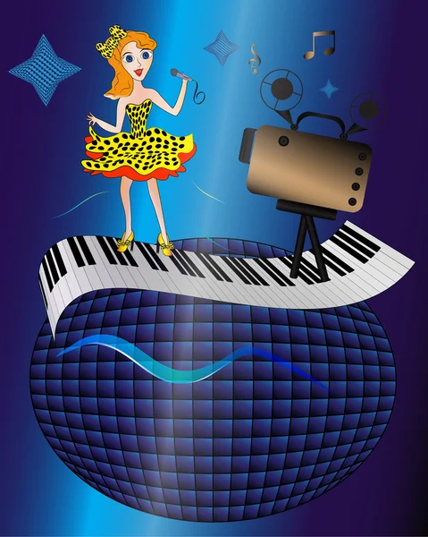 En ung flicka, musiker sjunger i en mikrofon på en lysande boll i den gula klänningen och musiken är hälla runt — Stock vektor