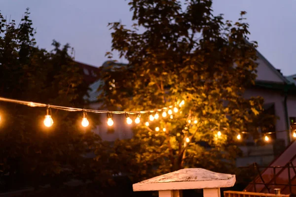 夜に裏庭の木に吊るされた装飾的な屋外ストリングライト — ストック写真