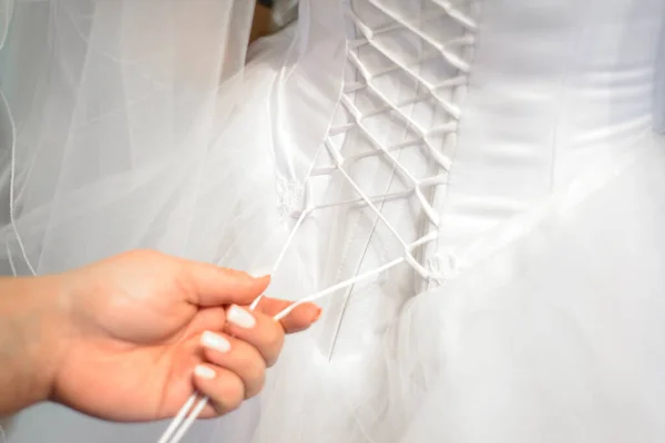 Corset Wedding Dress Lace Mother Bride Hands — Stock Photo, Image