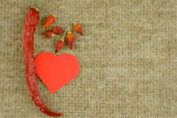 simplicity love: red heart in self-sewed a linen fabric Golden brown color of natural linen, decorated with big and small chilli peppers