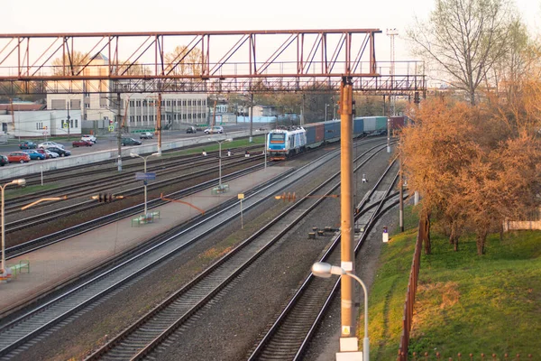 Station Met Veel Sporen Een Rijdende Trein — Stockfoto