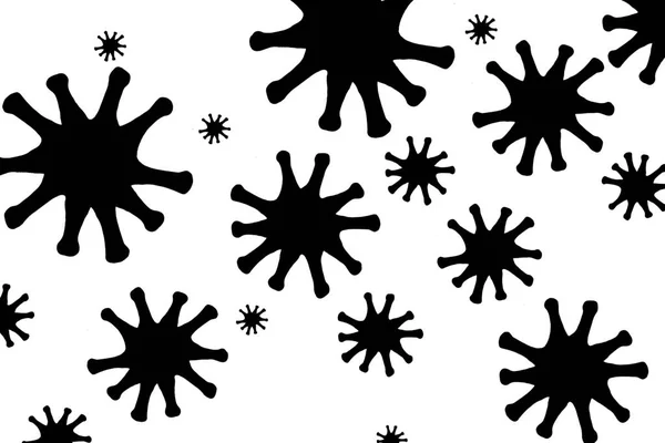 Koronavírus Fekete Sziluettjeinek Illusztrációja Különböző Méretben Fehér Alapon — Stock Fotó