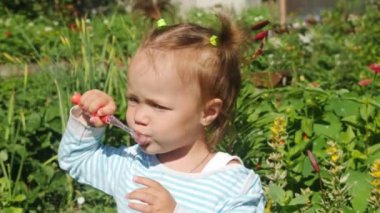 İki yaşında küçük bir kız yaz bahçesinde dişlerini fırçalıyor.