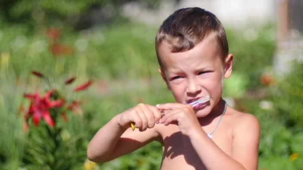 Menino Aprende Escovar Dentes Corretamente Jardim Verão — Vídeo de Stock