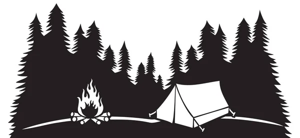 山の中でキャンプ 観光テントやキャンプファイヤー 旅行デザイン — ストックベクタ