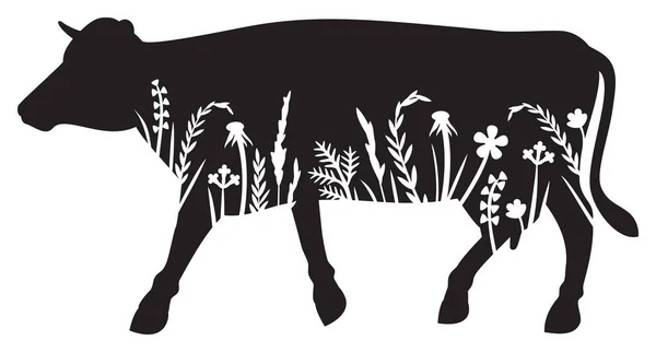 Floral Cow Grass Silhouettes Flowers Plants — Stock Vector