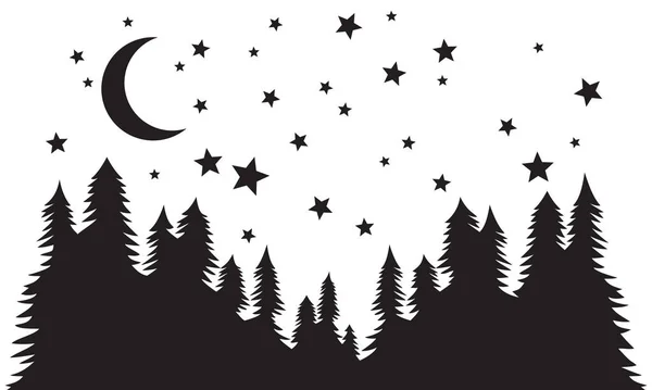 Stjärnklar Kväll Skog Natt Måne Och Stjärnor Silhuett Vektor Bakgrund Stockvektor