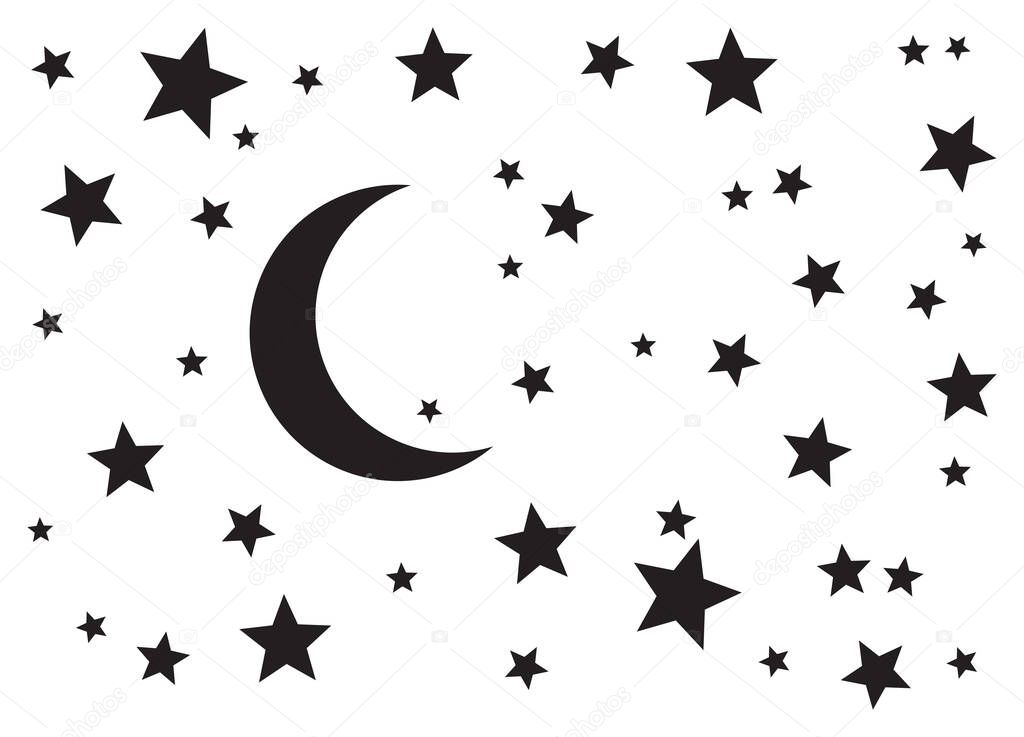 Starry night. Night moon (crescent) and stars silhouette vector background.