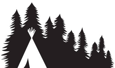 Yerli Amerikan çadırı (Kızılderili çadırı) ve ağaçların manzarası