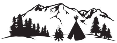 Yerli Amerikan Wigwam (Kızılderili çadırı), dağ ve ağaçların peyzaj vektörü