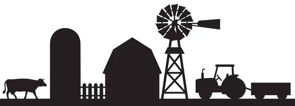 农场地貌 拖拉机 水泵风车 木制栅栏 — 图库矢量图片