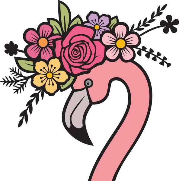 Flamingo Huvud Med Blommor Färg Vektor — Stock vektor