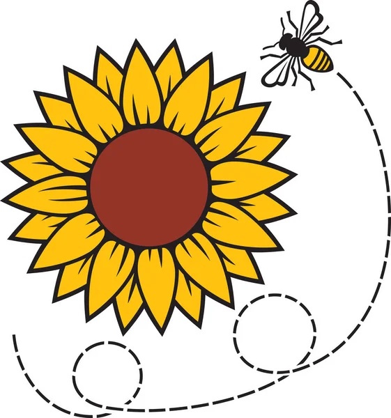 Sunflower Flying Bee Color Vector Stock Illustration