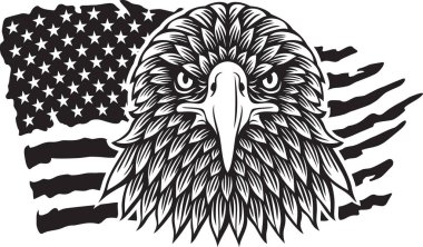 USA Flag ve Eagle Head Siyah ve Beyaz. Vektör İllüstrasyonu.