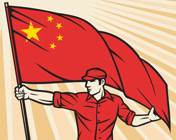 Trabajador sosteniendo bandera china — Vector de stock