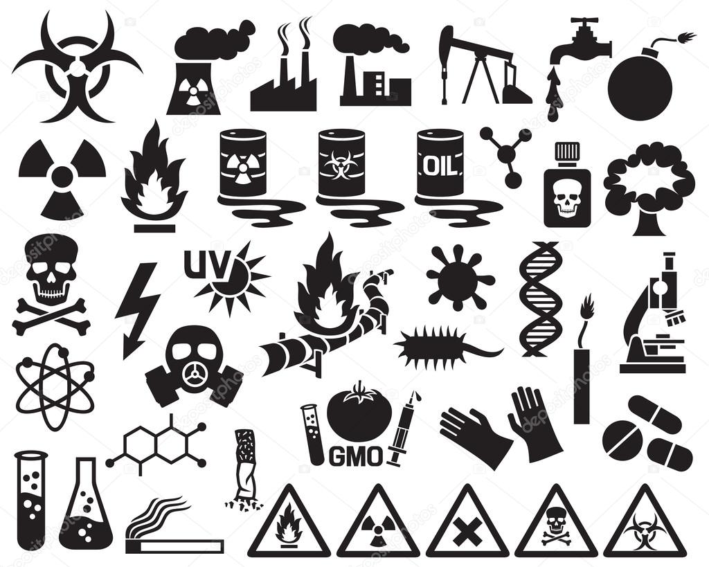 hazard, pollution and danger icons set