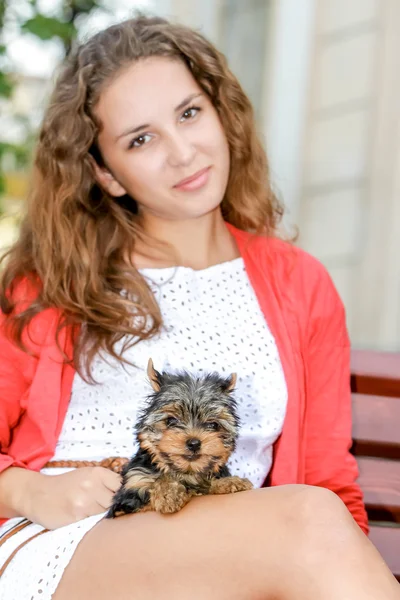 Mujer hermosa joven feliz con el pelo largo sosteniendo perro pequeño en — Foto de Stock