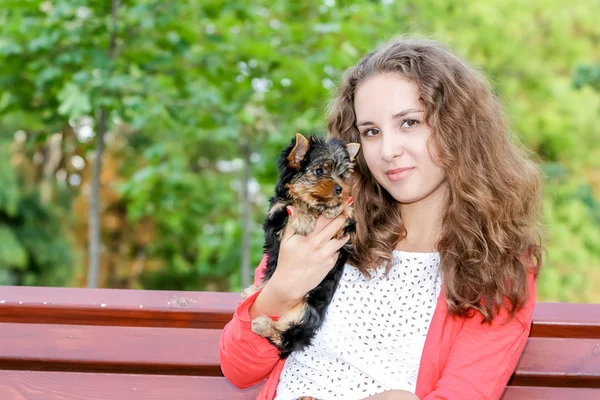 Mulher bela jovem feliz com cabelos longos segurando pequeno cão em — Fotografia de Stock