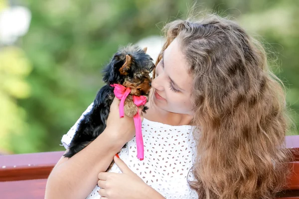 Woman beautiful young happy with long hair holding small dog on — Stock Photo, Image