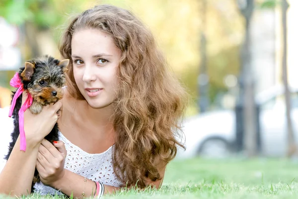 Mulher bela jovem feliz com cabelos longos segurando pequeno cão em — Fotografia de Stock