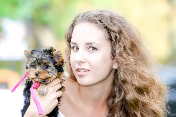 Mulher bela jovem feliz com cabelos longos segurando pequeno cão em — Fotografia de Stock