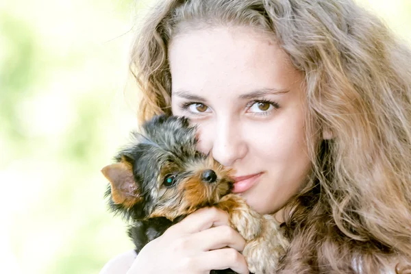 Mulher bela jovem feliz com cabelos longos segurando pequeno cão em — Fotografia de Stock