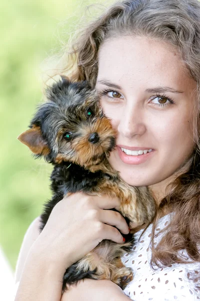 Mulher bela jovem feliz com cabelos longos segurando pequeno cão em — Fotografia de Stock