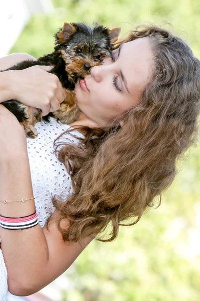 Mulher bela jovem feliz com cabelos longos segurando pequeno cão em — Fotografia de Stock