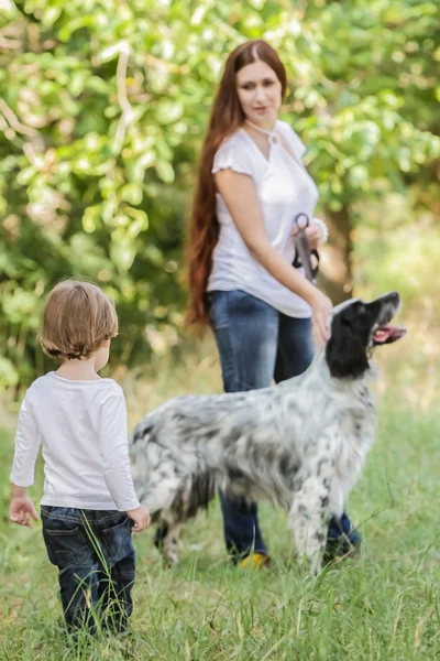 Fiatal anya kutya élvezi az idejüket, a természet és a kisgyermek, — Stock Fotó