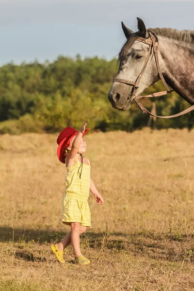 Retrato al aire libre de la joven chica feliz montando un caballo en la granja, rur —  Fotos de Stock